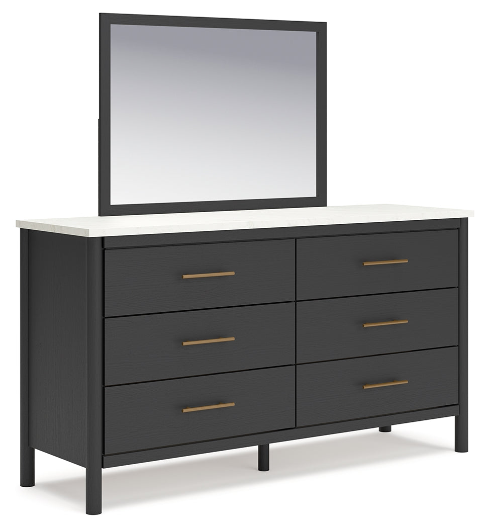 Cadmori King Upholstered Panel Bed with Mirrored Dresser and 2 Nightstands in Black/White - PKG020276