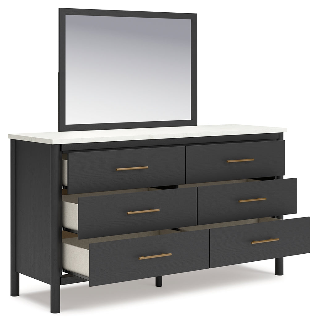 Cadmori King Upholstered Panel Bed with Mirrored Dresser and 2 Nightstands in Black/White - PKG020276