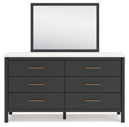 Cadmori King Upholstered Panel Bed with Mirrored Dresser and 2 Nightstands in Black/White - PKG020276