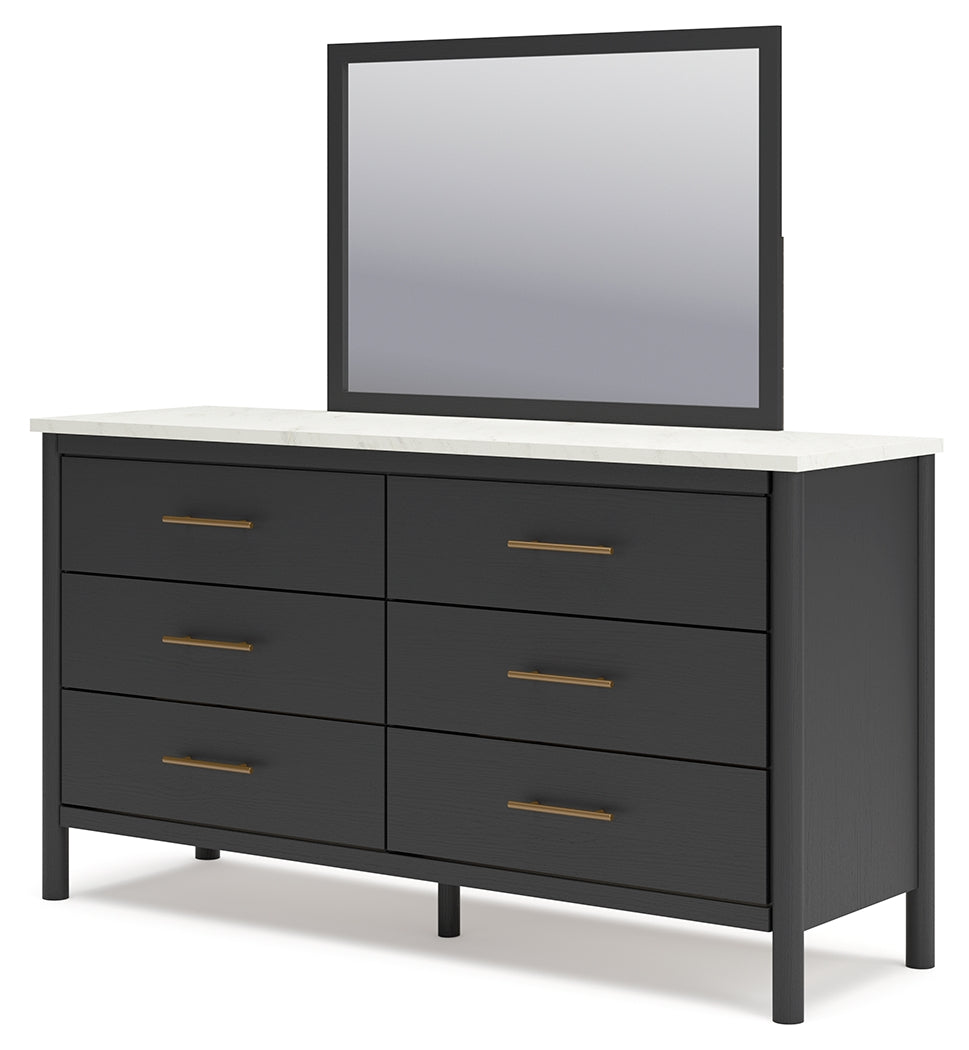 Cadmori King Upholstered Panel Bed with Mirrored Dresser and 2 Nightstands in Black/White - PKG020276