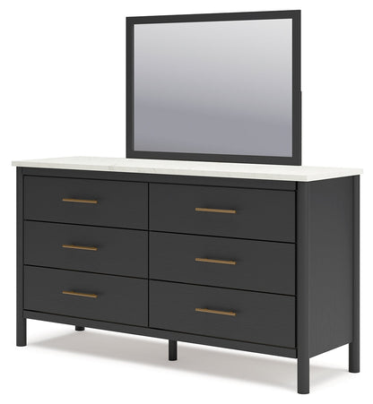 Cadmori King Upholstered Panel Bed with Mirrored Dresser and 2 Nightstands in Black/White - PKG020276