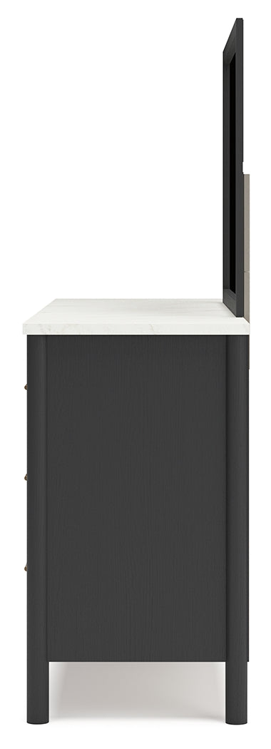 Cadmori King Upholstered Panel Bed with Mirrored Dresser and 2 Nightstands in Black/White - PKG020276