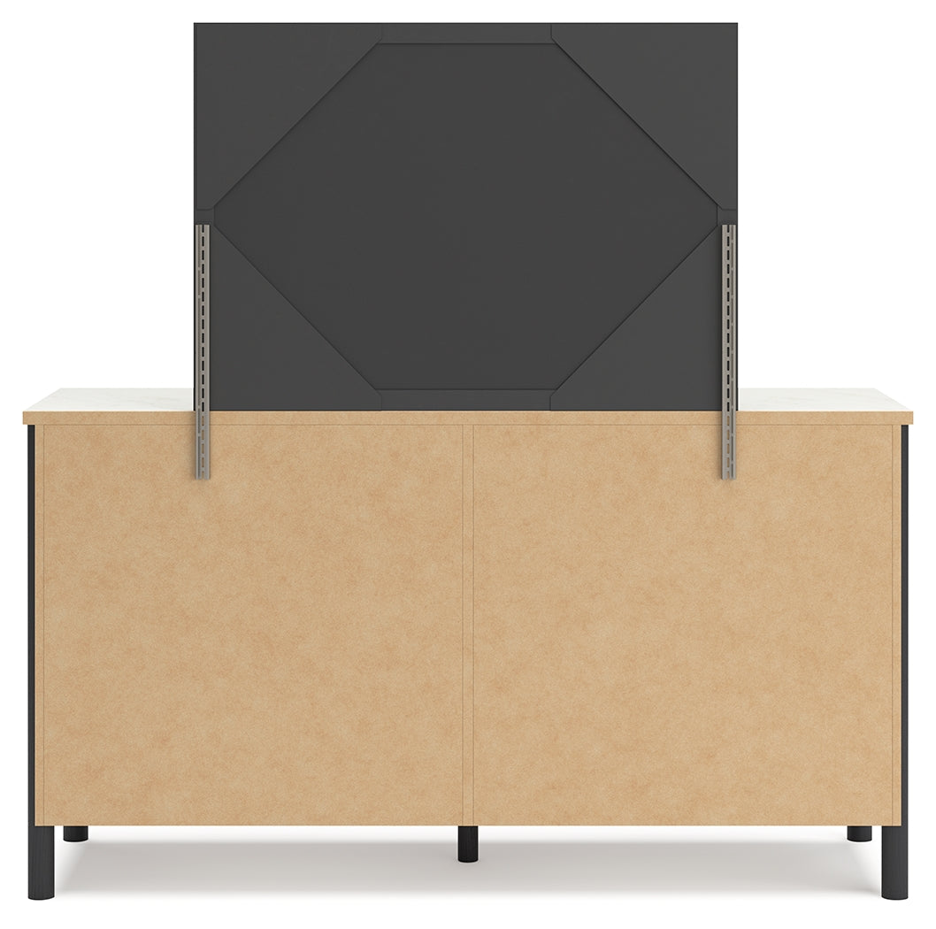 Cadmori King Upholstered Panel Bed with Mirrored Dresser and 2 Nightstands in Black/White - PKG020276