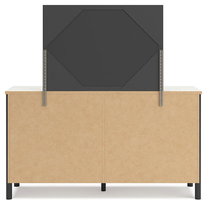 Cadmori King Upholstered Panel Bed with Mirrored Dresser and 2 Nightstands in Black/White - PKG020276