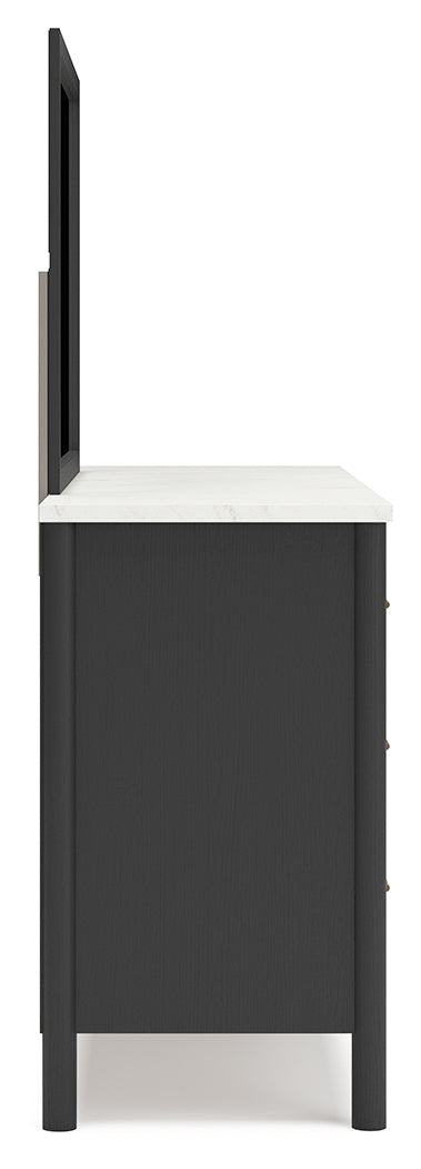 Cadmori King Upholstered Panel Bed with Mirrored Dresser and Nightstand in Black/White from Ashley - Luna Furniture