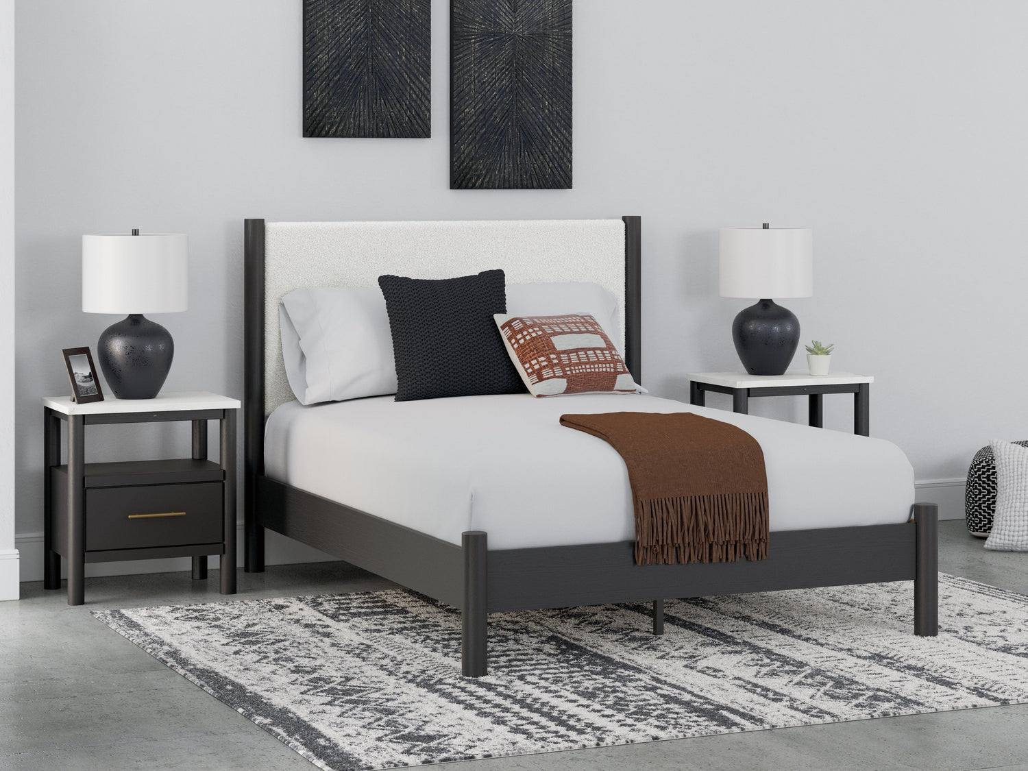 Cadmori Queen Upholstered Panel Bed with 2 Nightstands in Black/White - PKG020265