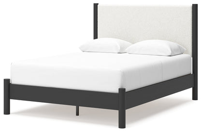 Cadmori Queen Upholstered Panel Bed with 2 Nightstands in Black/White - PKG020265