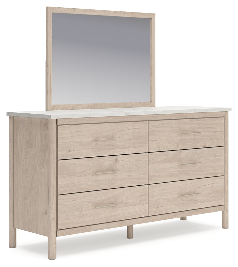 Cadmori Queen Upholstered Panel Bed with Mirrored Dresser and Chest in Two-tone from Ashley - Luna Furniture