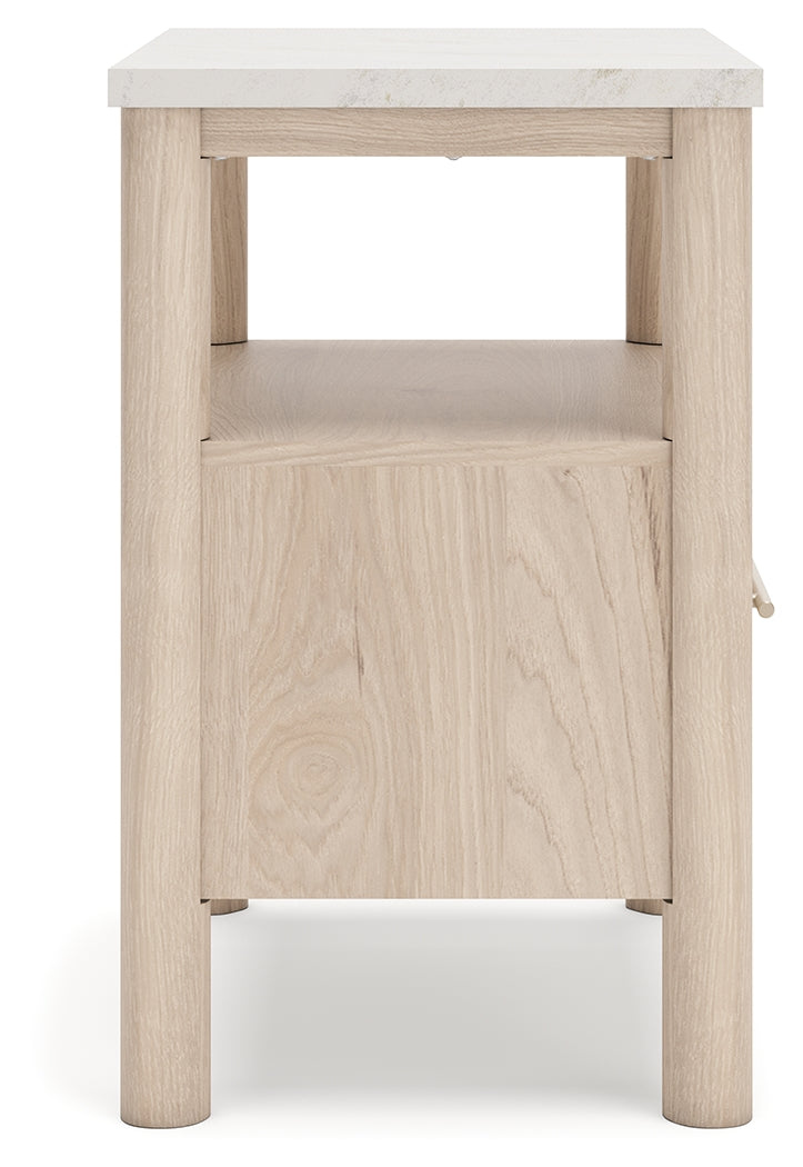 Cadmori Queen Upholstered Panel Bed with Mirrored Dresser and Chest in Two-tone from Ashley - Luna Furniture