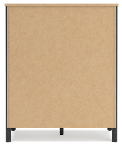 Cadmori Queen Upholstered Panel Bed with Mirrored Dresser, Chest and Nightstand in Black/White - PKG020262