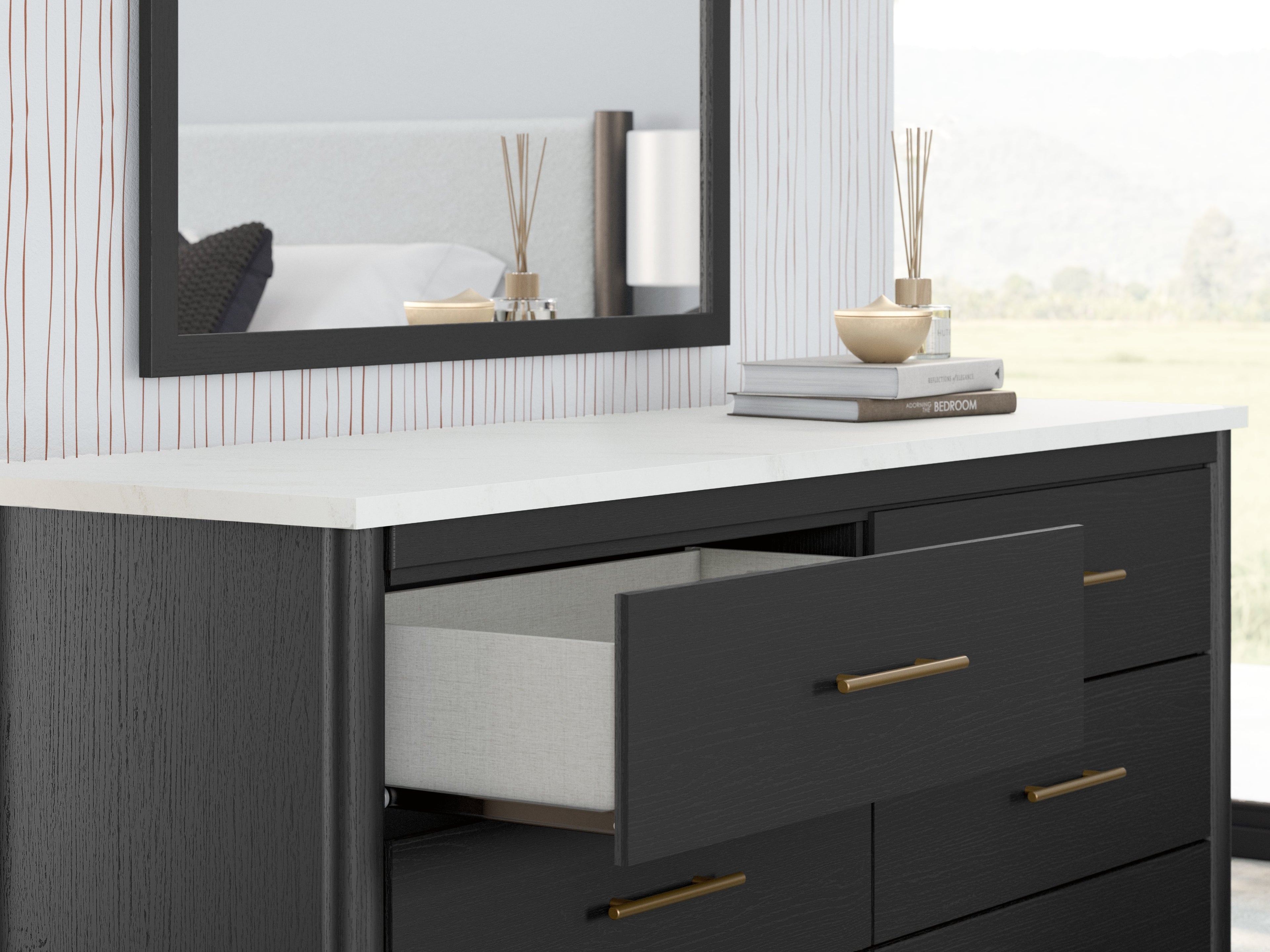 Cadmori Queen Upholstered Panel Bed with Mirrored Dresser, Chest and Nightstand in Black/White - PKG020262