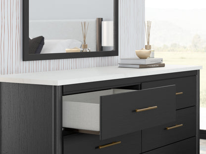 Cadmori Queen Upholstered Panel Bed with Mirrored Dresser, Chest and Nightstand in Black/White - PKG020262