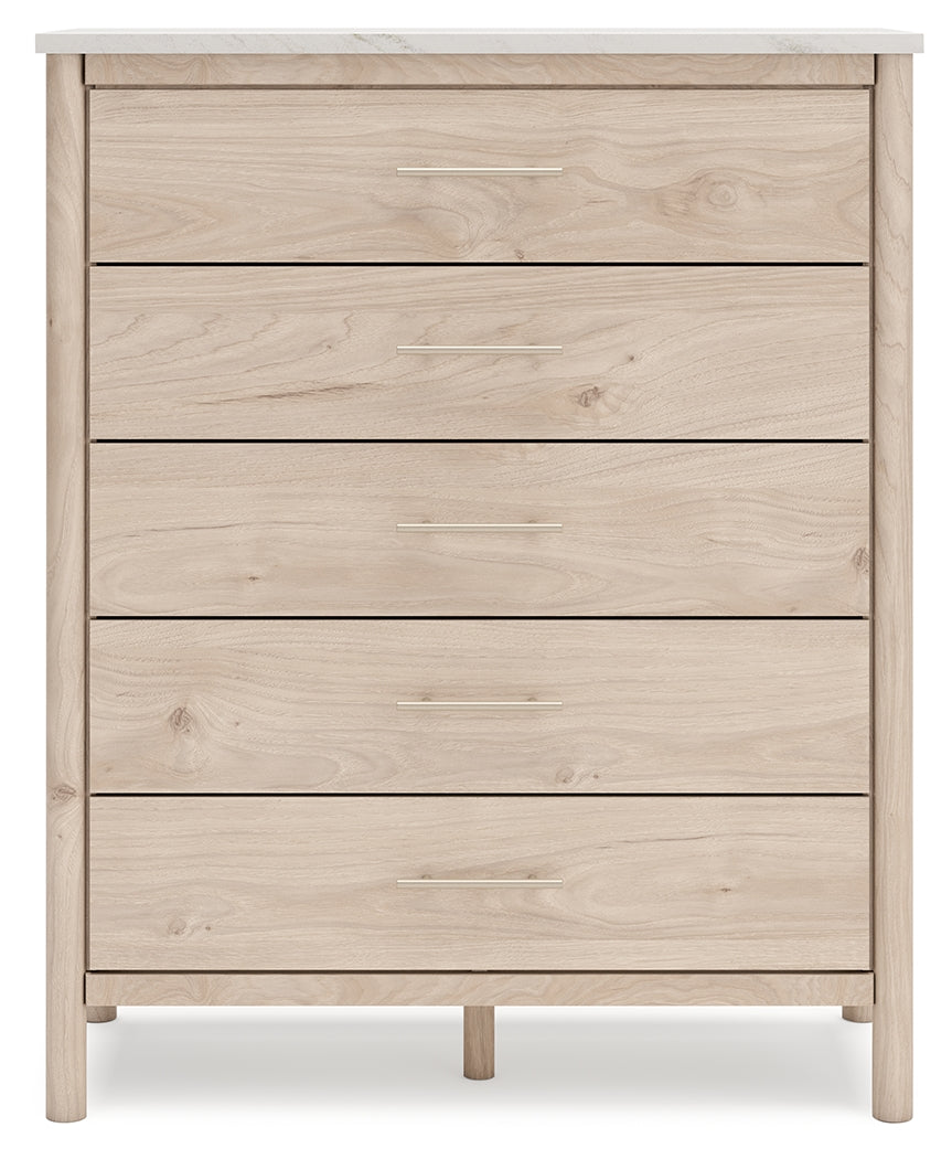 Cadmori Queen Upholstered Panel Bed with Mirrored Dresser, Chest and Nightstand in Two-tone from Ashley - Luna Furniture