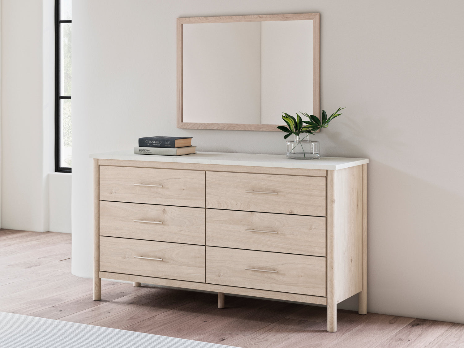 Cadmori Queen Upholstered Panel Bed with Mirrored Dresser in Two-tone - PKG018757