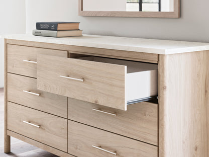 Cadmori Queen Upholstered Panel Bed with Mirrored Dresser in Two-tone - PKG018757