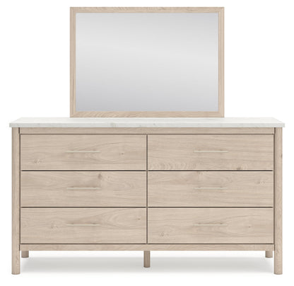Cadmori Queen Upholstered Panel Bed with Mirrored Dresser in Two-tone - PKG018757
