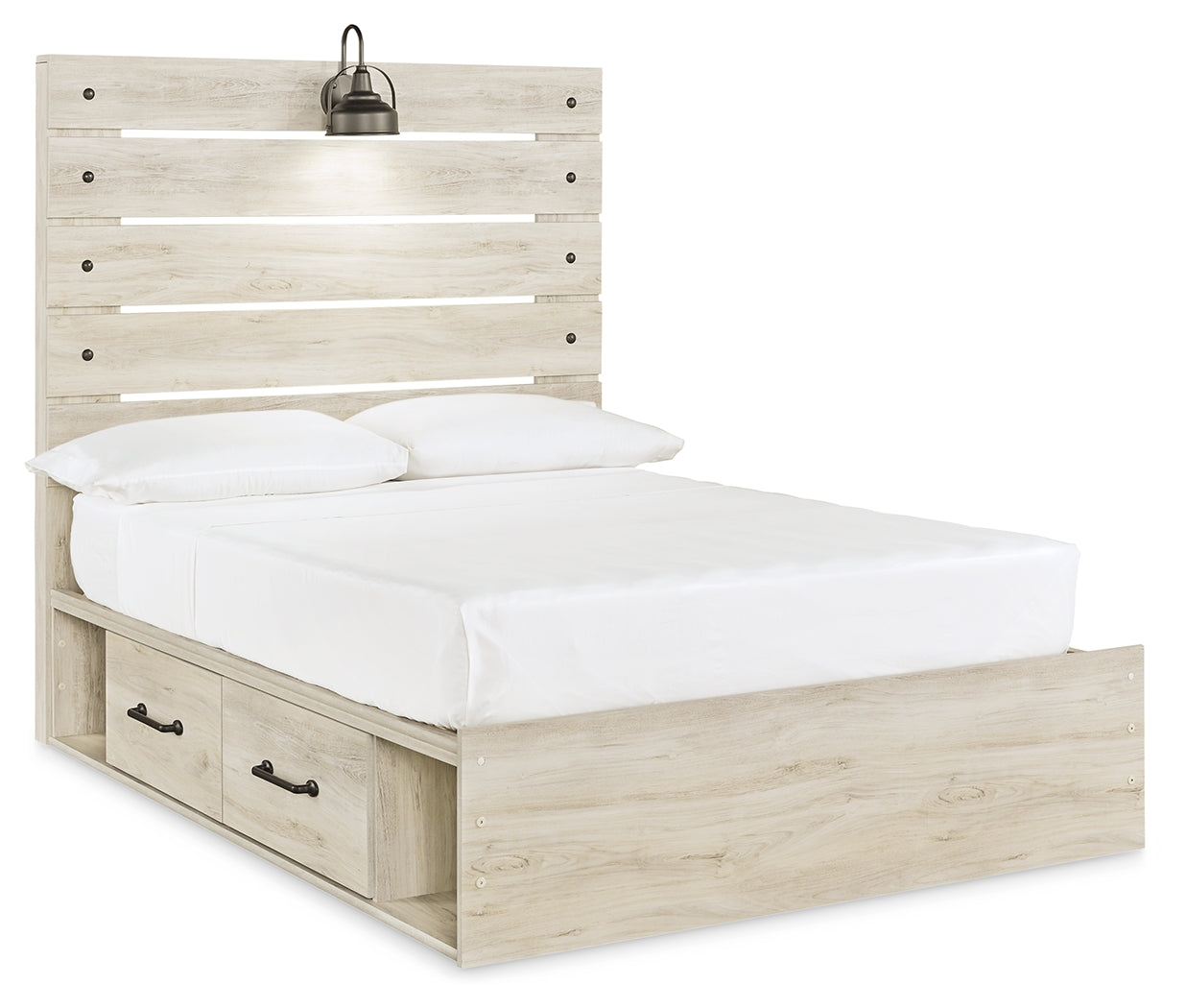 Cambeck Full Panel Bed with 2 Storage Drawers with Mirrored Dresser and Chest in Whitewash - PKG002990