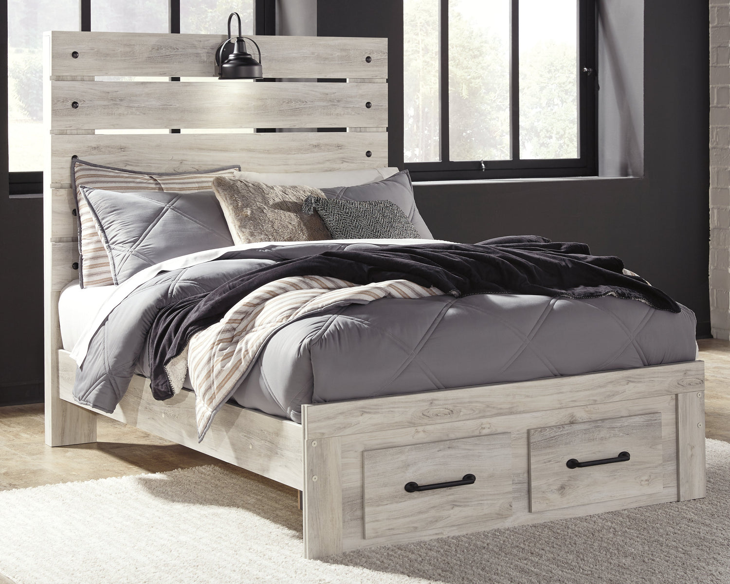 Cambeck Full Panel Bed with 2 Storage Drawers with Mirrored Dresser and Chest in Whitewash - PKG003052