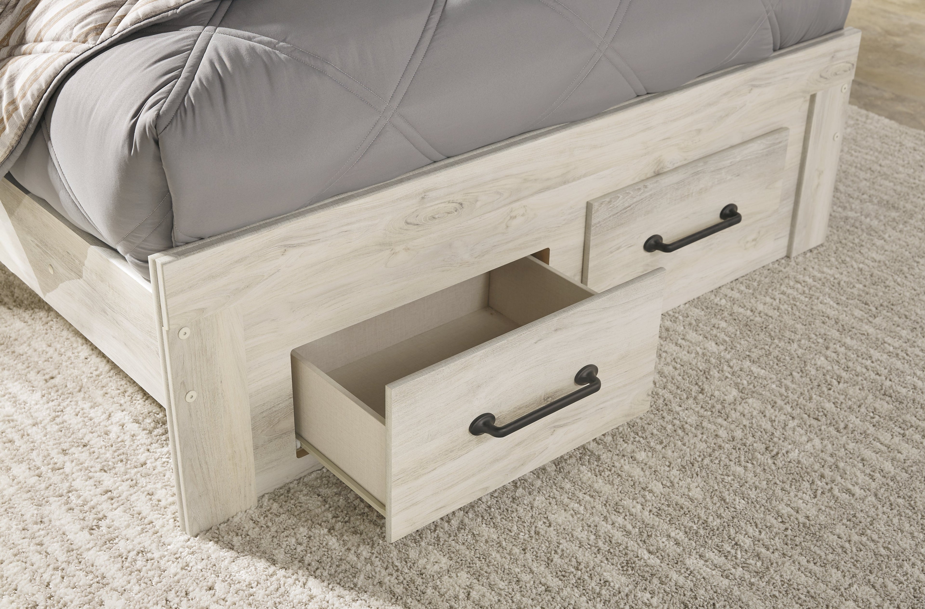 Cambeck Full Panel Bed with 2 Storage Drawers with Mirrored Dresser and Chest in Whitewash - PKG003052