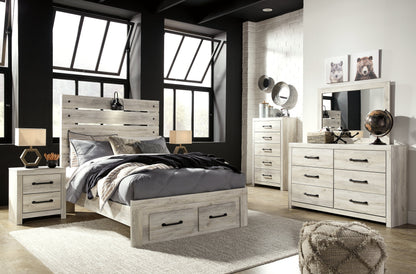 Cambeck Full Panel Bed with 2 Storage Drawers with Mirrored Dresser, Chest and Nightstand in Whitewash - PKG003053