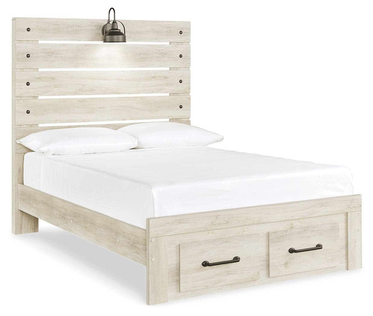 Cambeck Full Panel Bed with 2 Storage Drawers with Mirrored Dresser, Chest and Nightstand in Whitewash - PKG003053