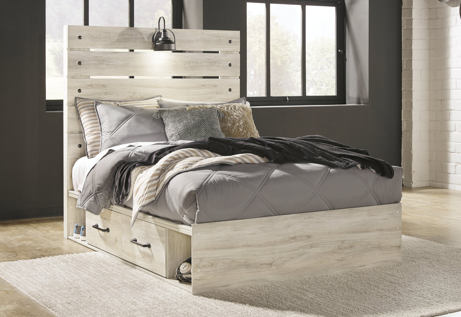 Cambeck Full Panel Bed with 4 Storage Drawers with Dresser in Whitewash - PKG003055