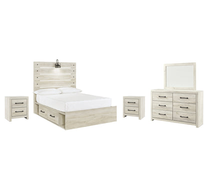Cambeck Full Panel Bed with 4 Storage Drawers with Mirrored Dresser and 2 Nightstands in Whitewash - PKG003057