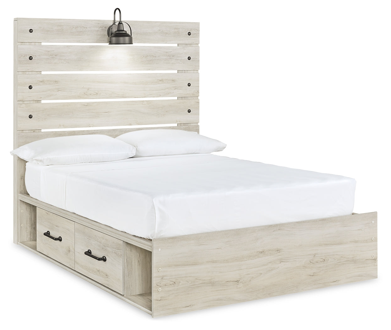 Cambeck Full Panel Bed with 4 Storage Drawers with Mirrored Dresser and 2 Nightstands in Whitewash - PKG003057