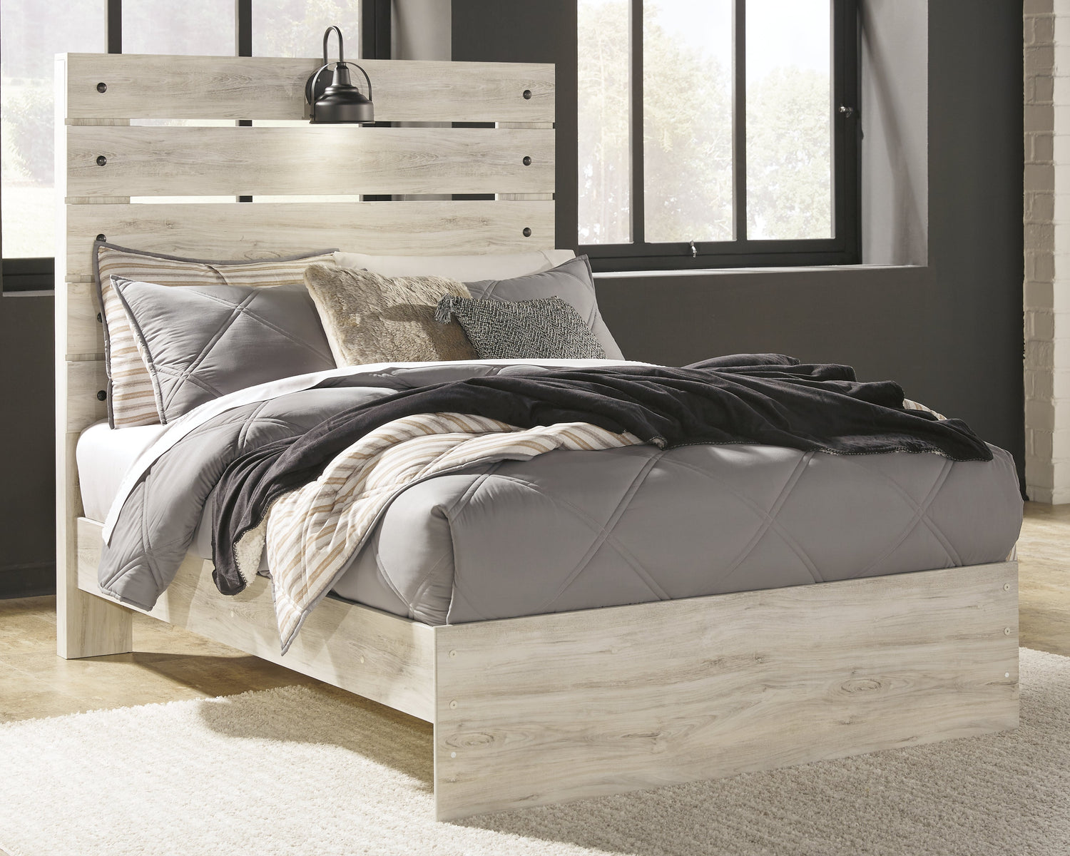 Cambeck Full Panel Bed with Mirrored Dresser and Chest in Whitewash - PKG003040