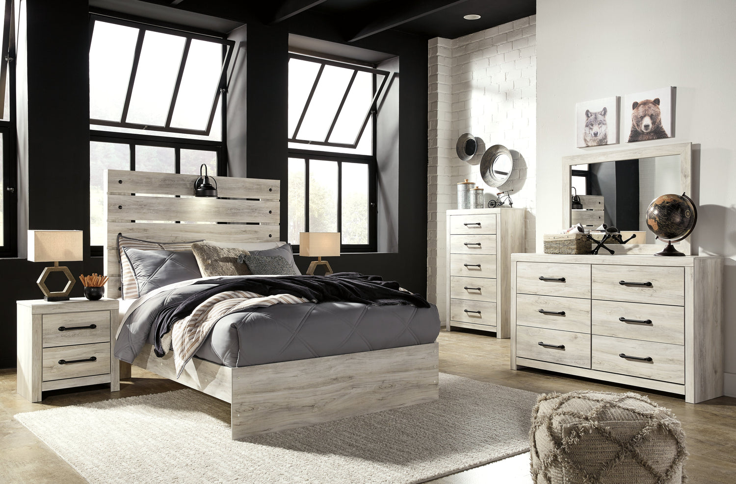 Cambeck Full Panel Bed with Mirrored Dresser, Chest and 2 Nightstands in Whitewash - PKG003042