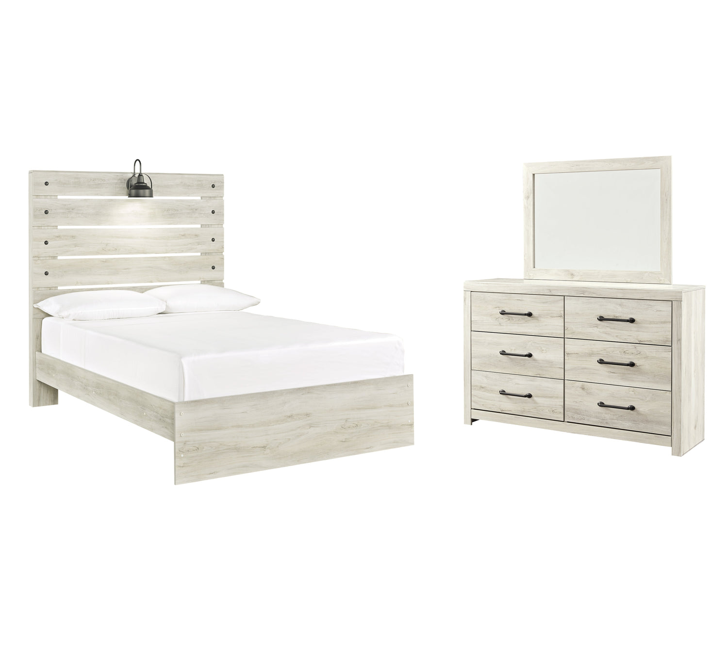 Cambeck Full Panel Bed with Mirrored Dresser in Whitewash - PKG003038