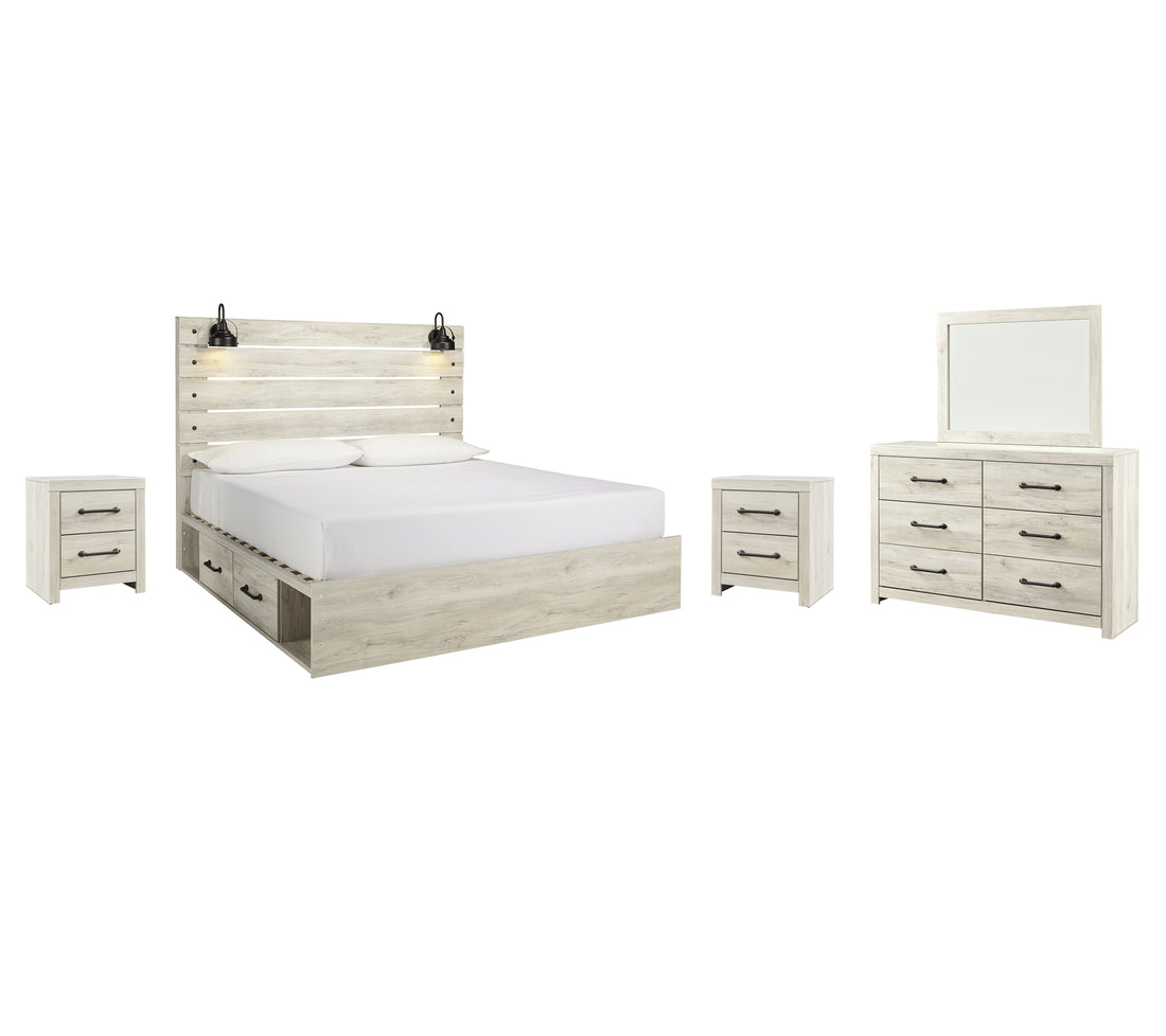 Cambeck King Panel Bed with 2 Storage Drawers with Mirrored Dresser and 2 Nightstands in Whitewash from Ashley - Luna Furniture