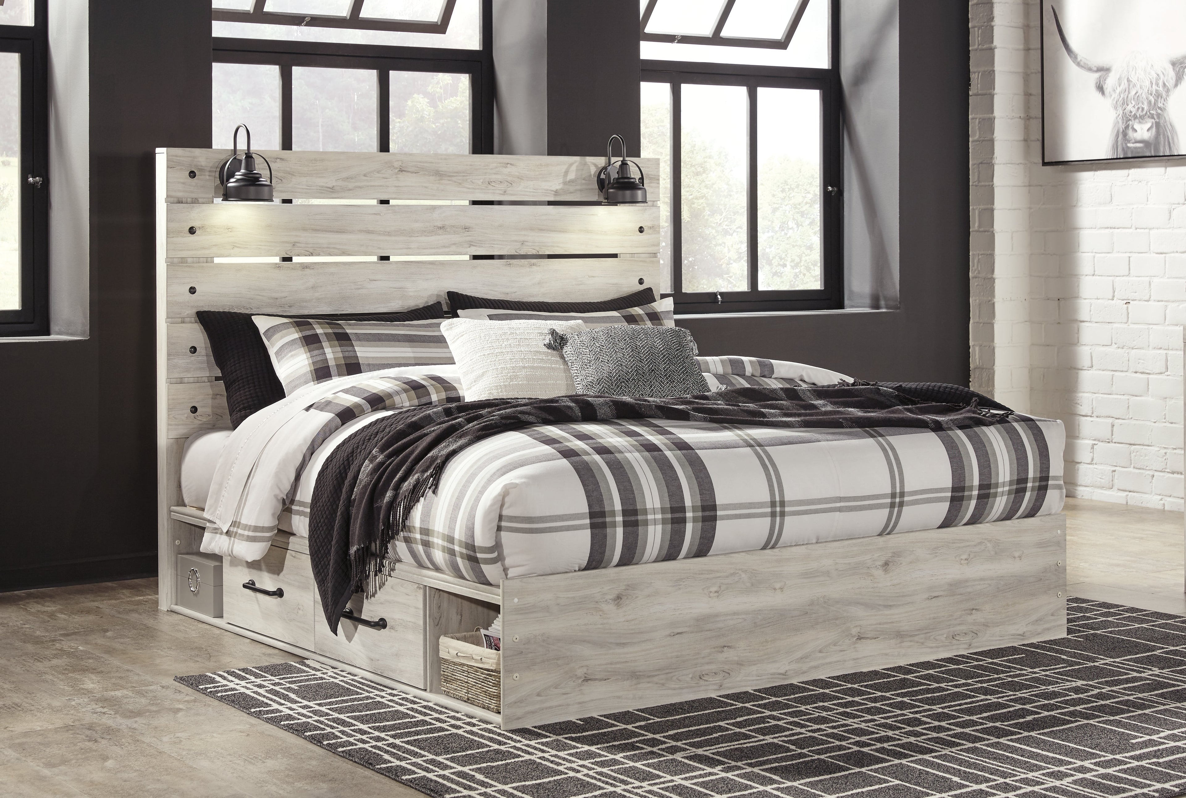 Cambeck King Panel Bed with 2 Storage Drawers with Mirrored Dresser and Chest in Whitewash - PKG007506