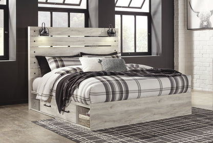 Cambeck King Panel Bed with 2 Storage Drawers with Mirrored Dresser and Chest in Whitewash - PKG007506