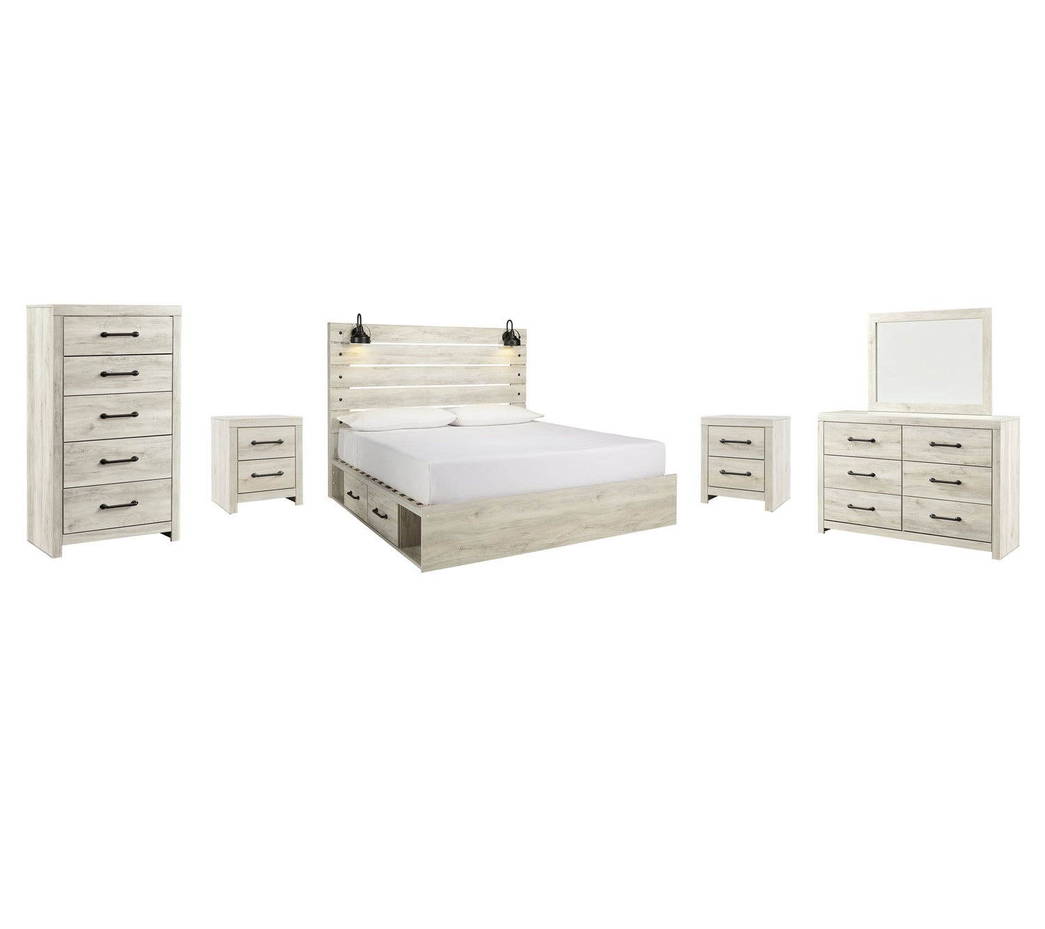 Cambeck King Panel Bed with 2 Storage Drawers with Mirrored Dresser, Chest and 2 Nightstands in Whitewash from Ashley - Luna Furniture