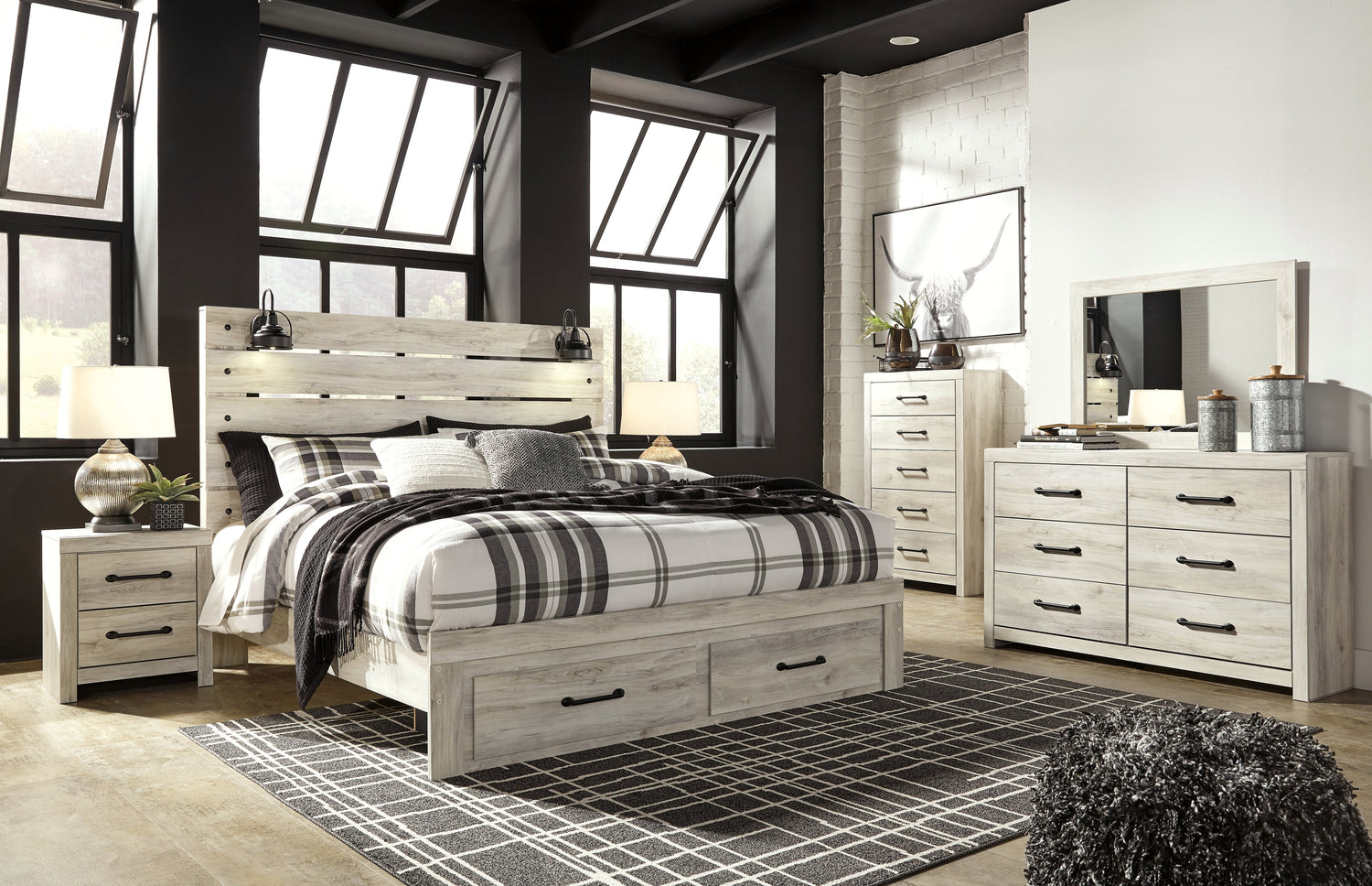 Cambeck King Panel Bed with 2 Storage Drawers with Mirrored Dresser, Chest and 2 Nightstands in Whitewash from Ashley - Luna Furniture