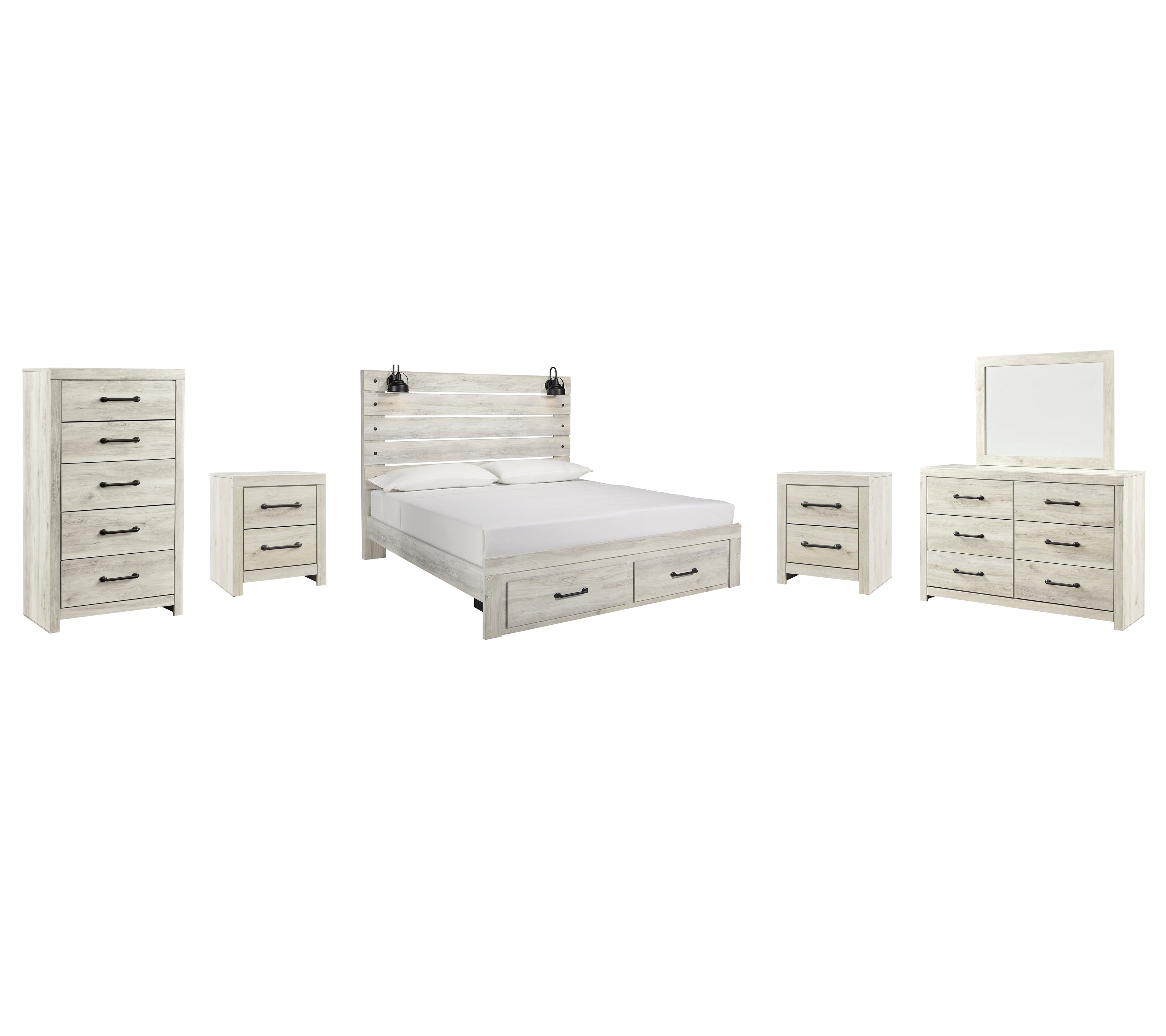 Cambeck King Panel Bed with 2 Storage Drawers with Mirrored Dresser, Chest and 2 Nightstands in Whitewash - PKG003048
