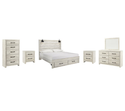 Cambeck King Panel Bed with 2 Storage Drawers with Mirrored Dresser, Chest and 2 Nightstands in Whitewash - PKG003048