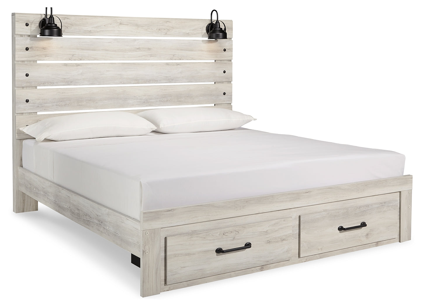 Cambeck King Panel Bed with 2 Storage Drawers with Mirrored Dresser, Chest and Nightstand in Whitewash - PKG003047