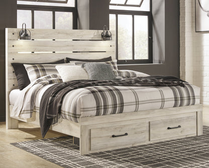 Cambeck King Panel Bed with 2 Storage Drawers with Mirrored Dresser in Whitewash - PKG003044