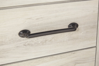 Cambeck King Panel Bed with 2 Storage Drawers with Mirrored Dresser in Whitewash - PKG003044