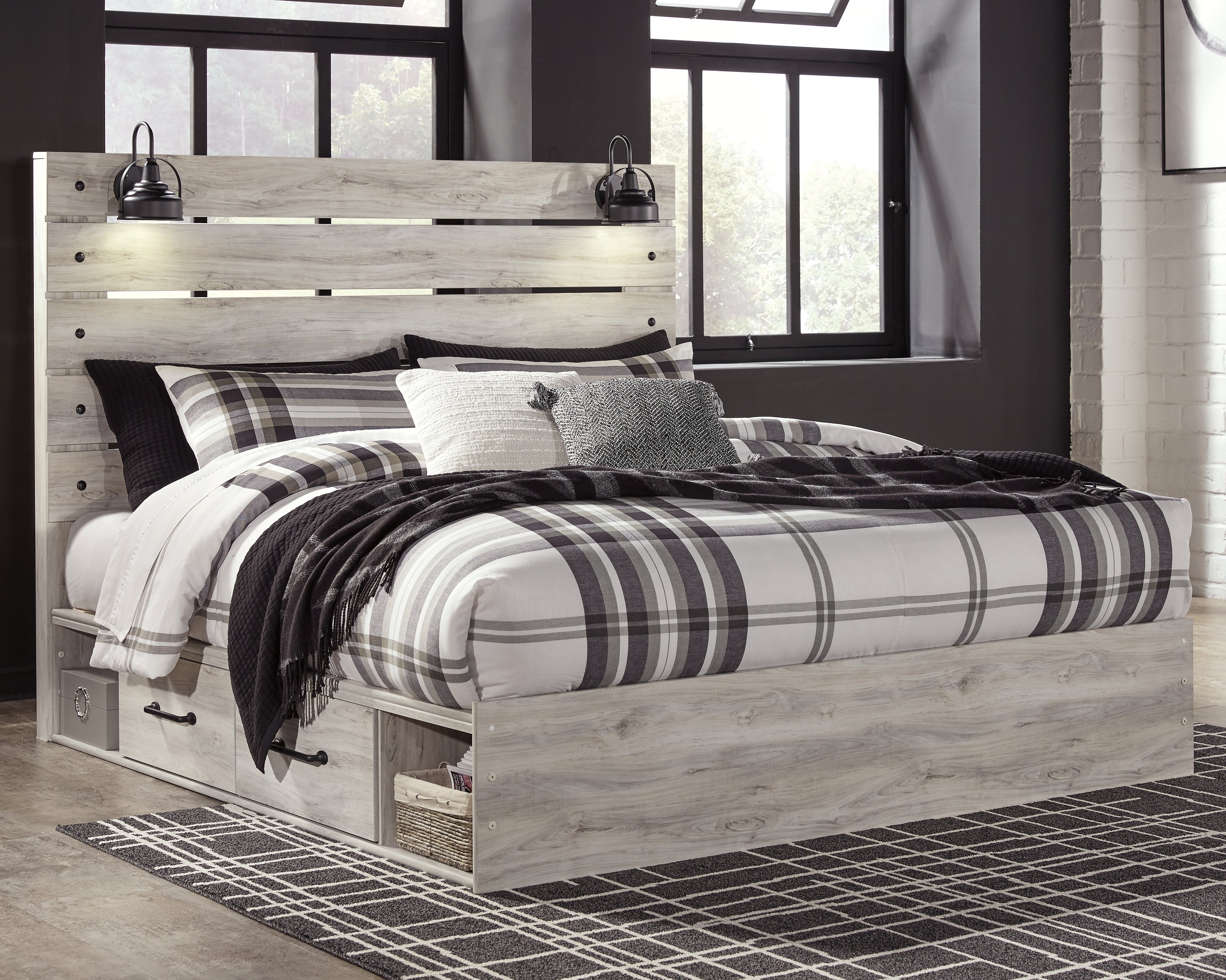 Cambeck King Panel Bed with 4 Storage Drawers with Mirrored Dresser and 2 Nightstands in Whitewash from Ashley - Luna Furniture