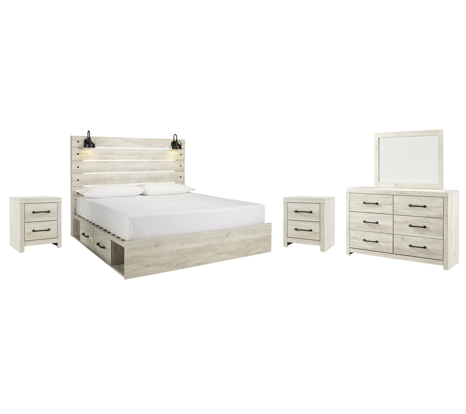 Cambeck King Panel Bed with 4 Storage Drawers with Mirrored Dresser and 2 Nightstands in Whitewash from Ashley - Luna Furniture