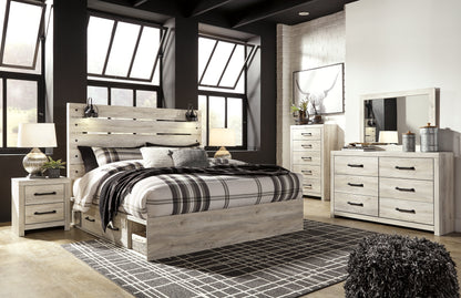 Cambeck King Panel Bed with 4 Storage Drawers with Mirrored Dresser, Chest and 2 Nightstands in Whitewash from Ashley - Luna Furniture
