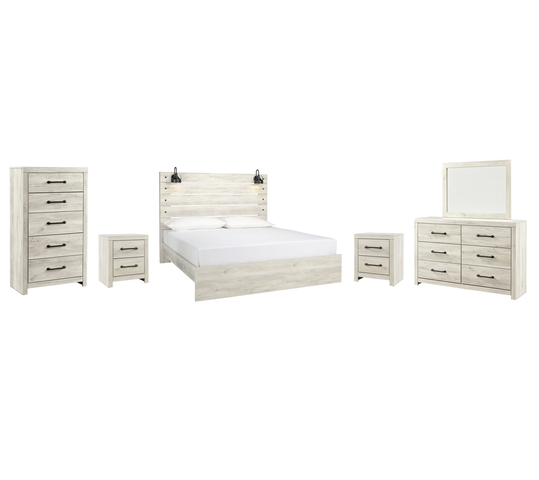 Cambeck King Panel Bed with Mirrored Dresser, Chest and 2 Nightstands in Whitewash - PKG003036