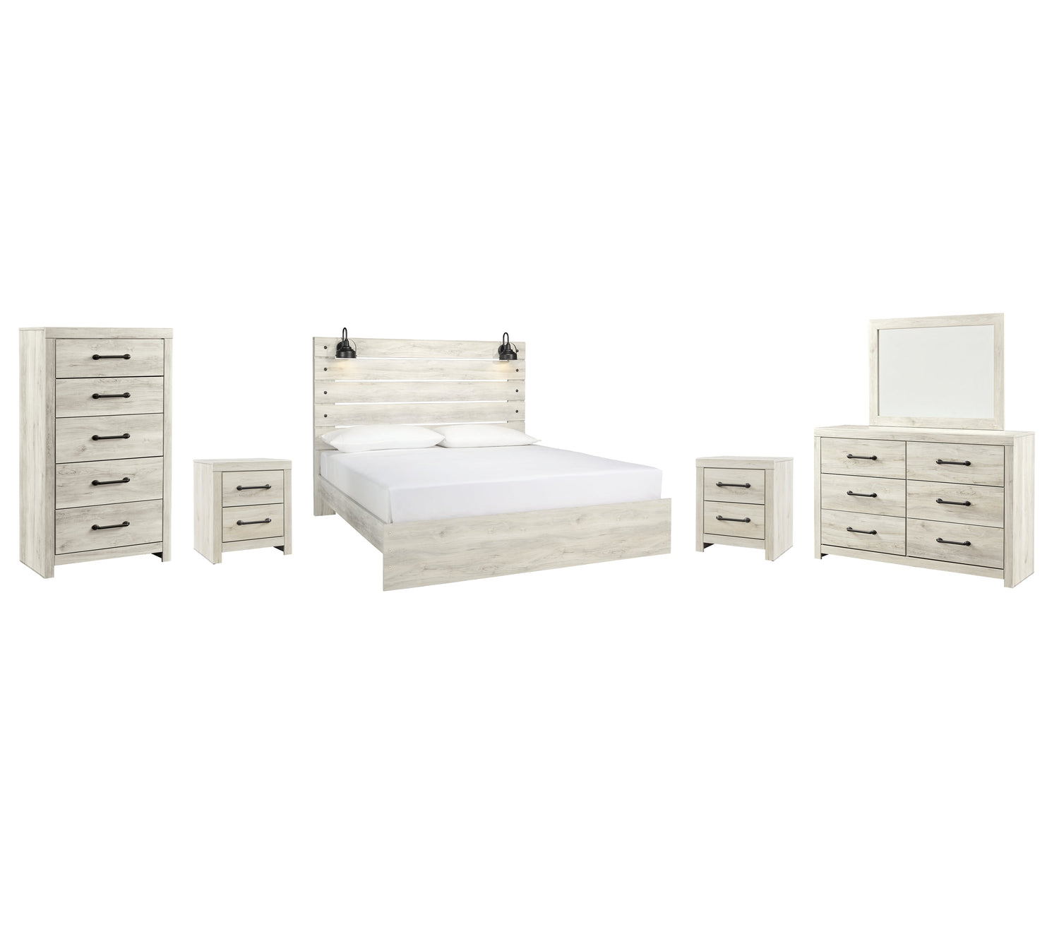 Cambeck King Panel Bed with Mirrored Dresser, Chest and 2 Nightstands in Whitewash - PKG003036