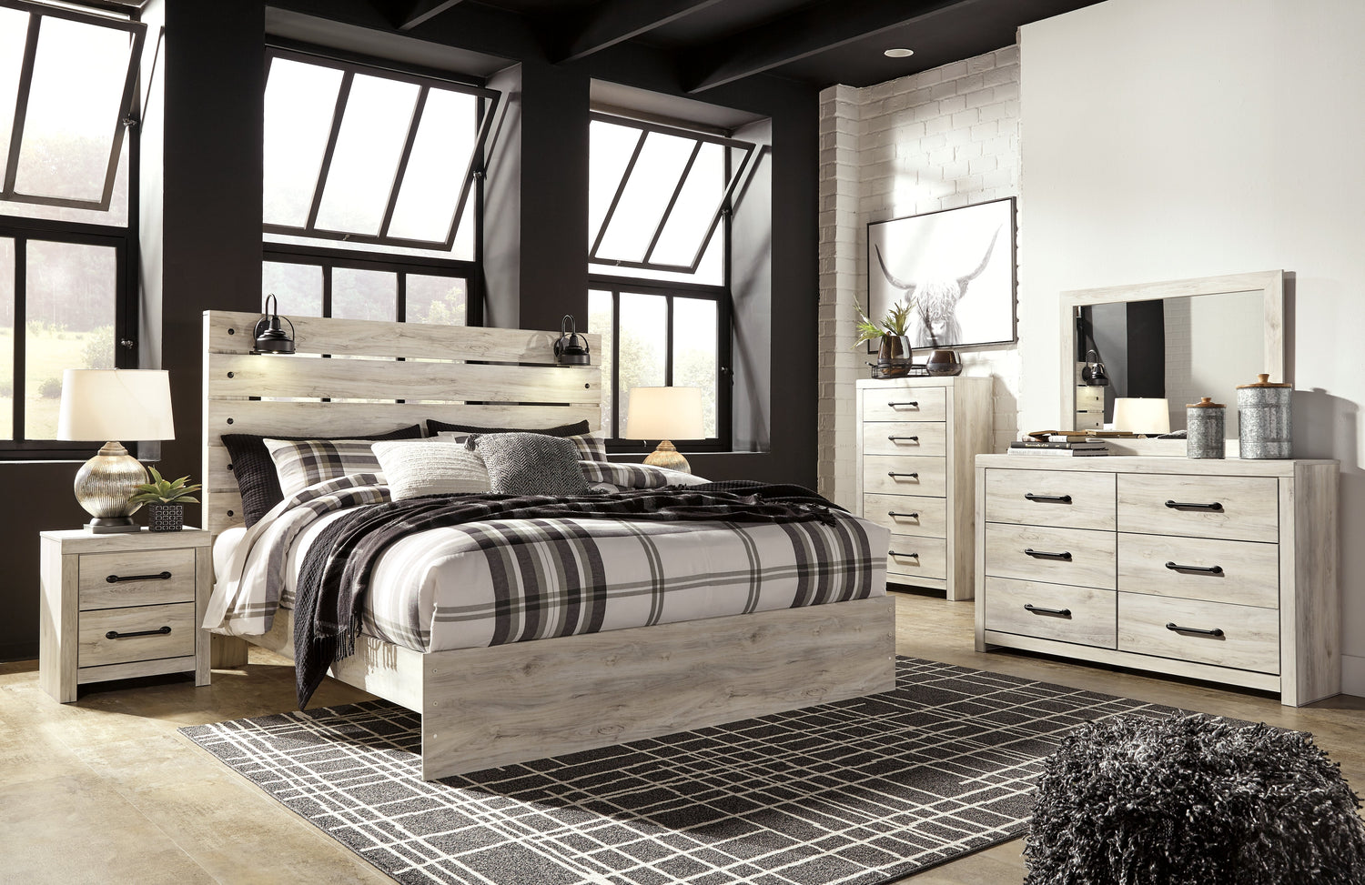 Cambeck King Panel Bed with Mirrored Dresser, Chest and Nightstand in Whitewash - PKG003035
