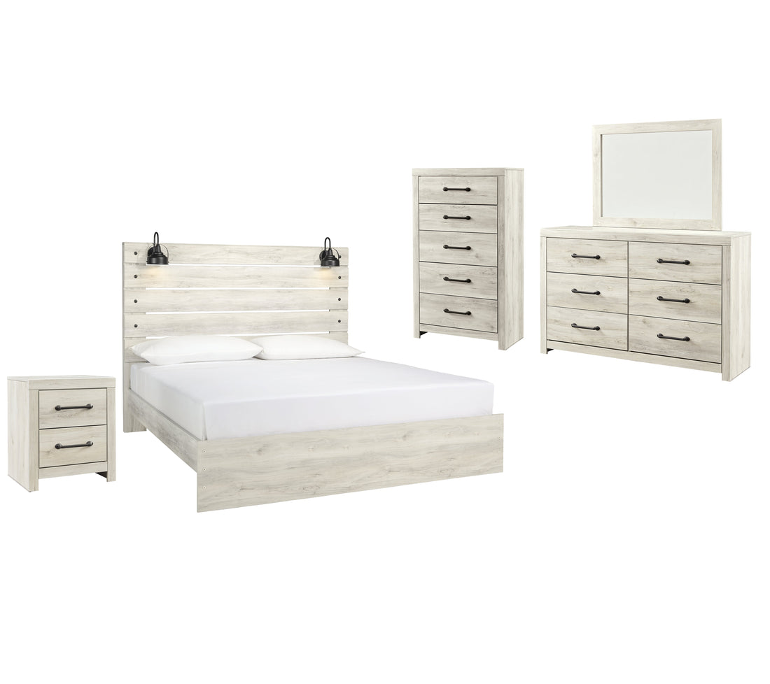 Cambeck King Panel Bed with Mirrored Dresser, Chest and Nightstand in Whitewash - PKG003035