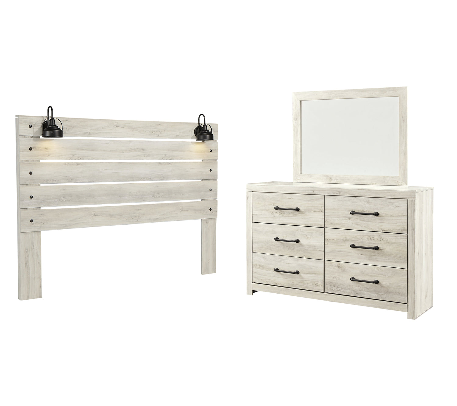 Cambeck King Panel Headboard Bed with Mirrored Dresser in Whitewash - PKG002967