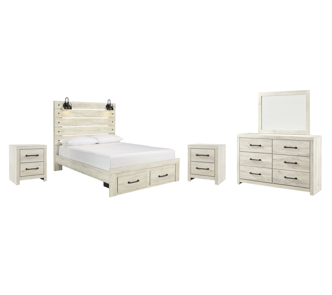 Cambeck Queen Panel Bed with 2 Storage Drawers with Mirrored Dresser and 2 Nightstands in Whitewash - PKG003094
